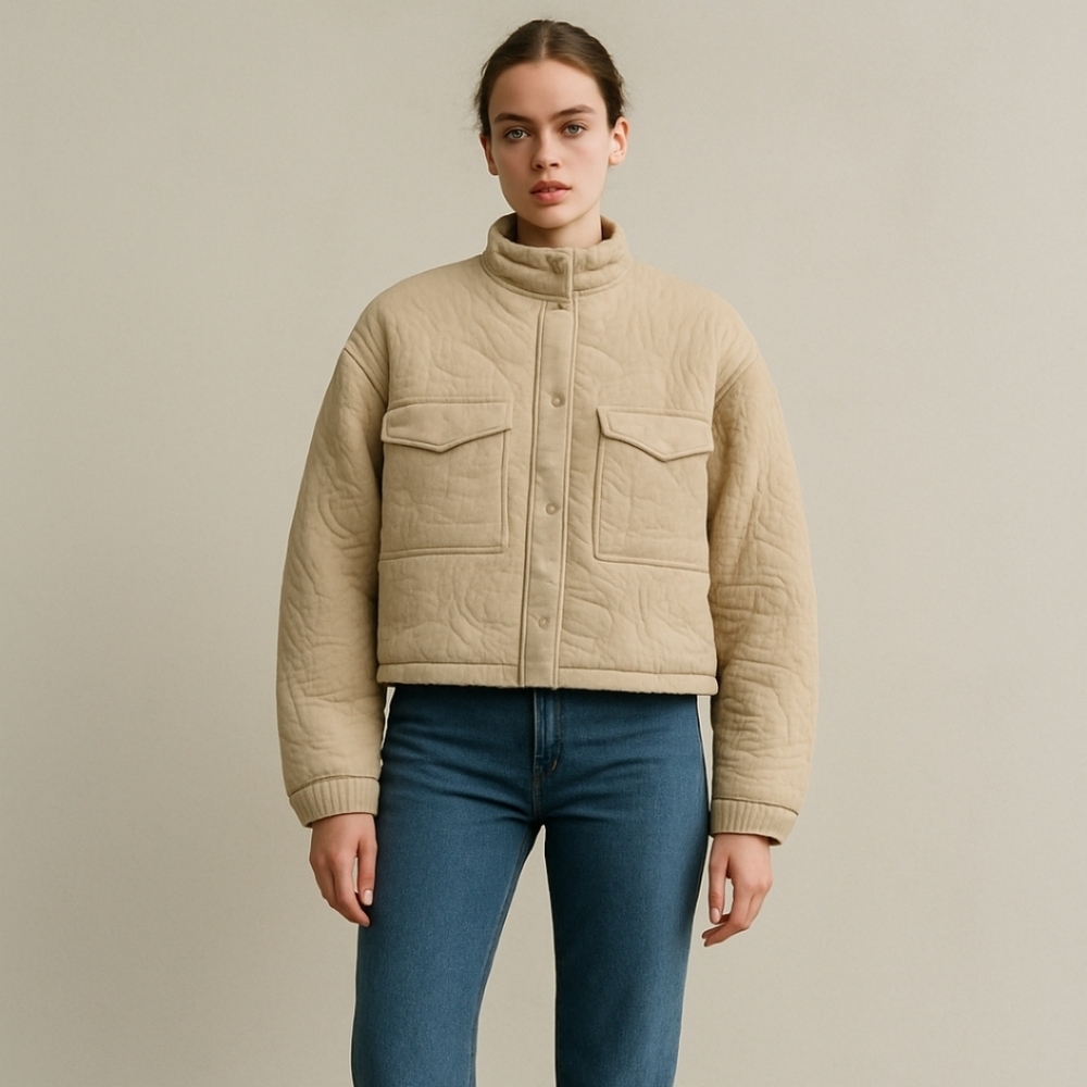 7 For All Mankind Bomber Zip Jacket Beige Quilted Cotton